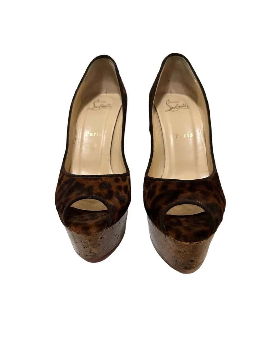Christian Louboutin coroclic peep‎ toe pony hair animal print wedges size 38